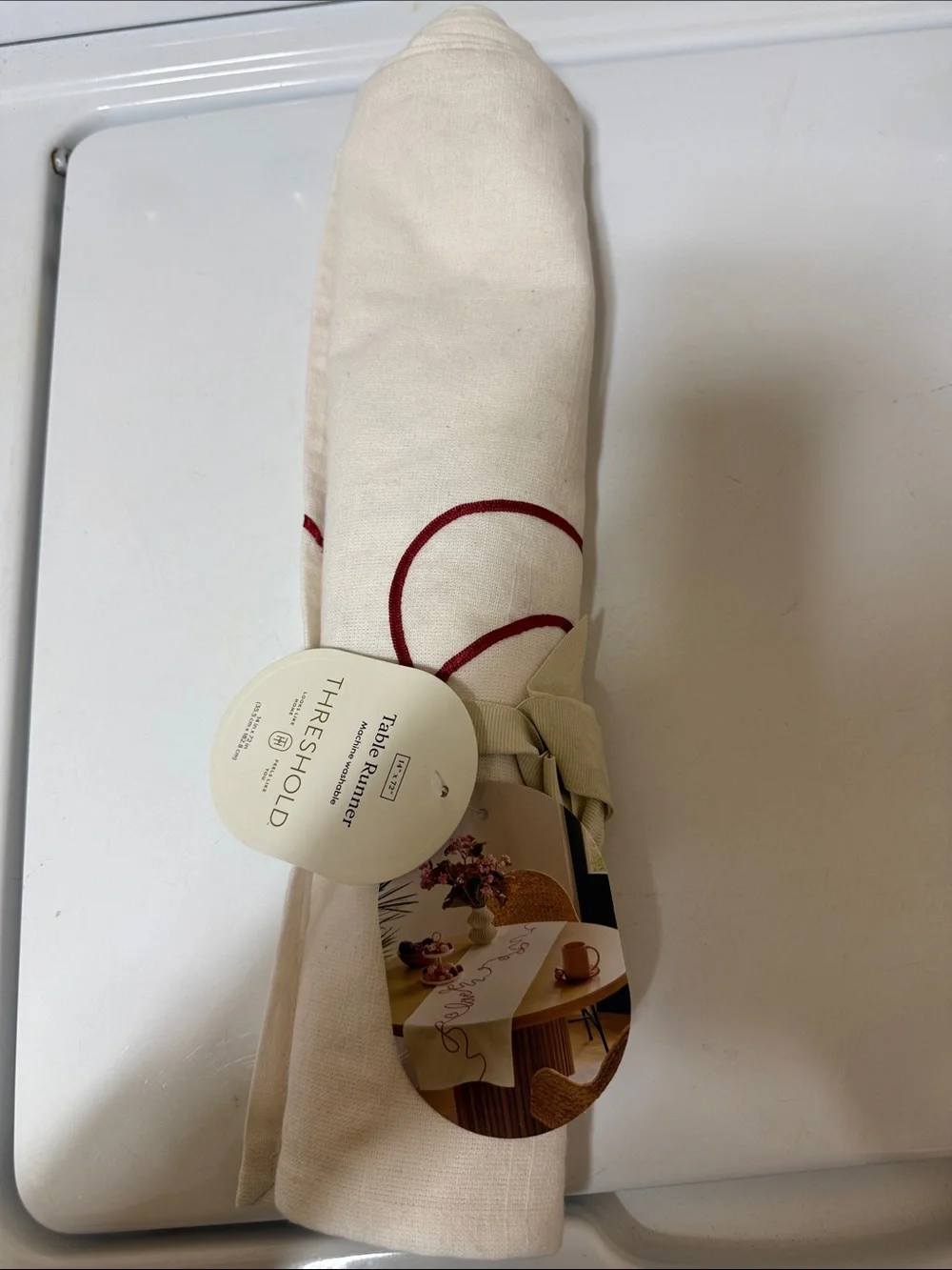 Threshold Cream Table Runner with Red Script Embroidery
